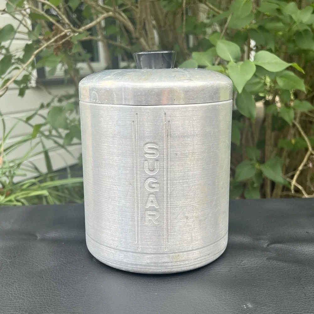 Vintage 1950's Aluminum Kitchen Sugar Canister with Lid 8
